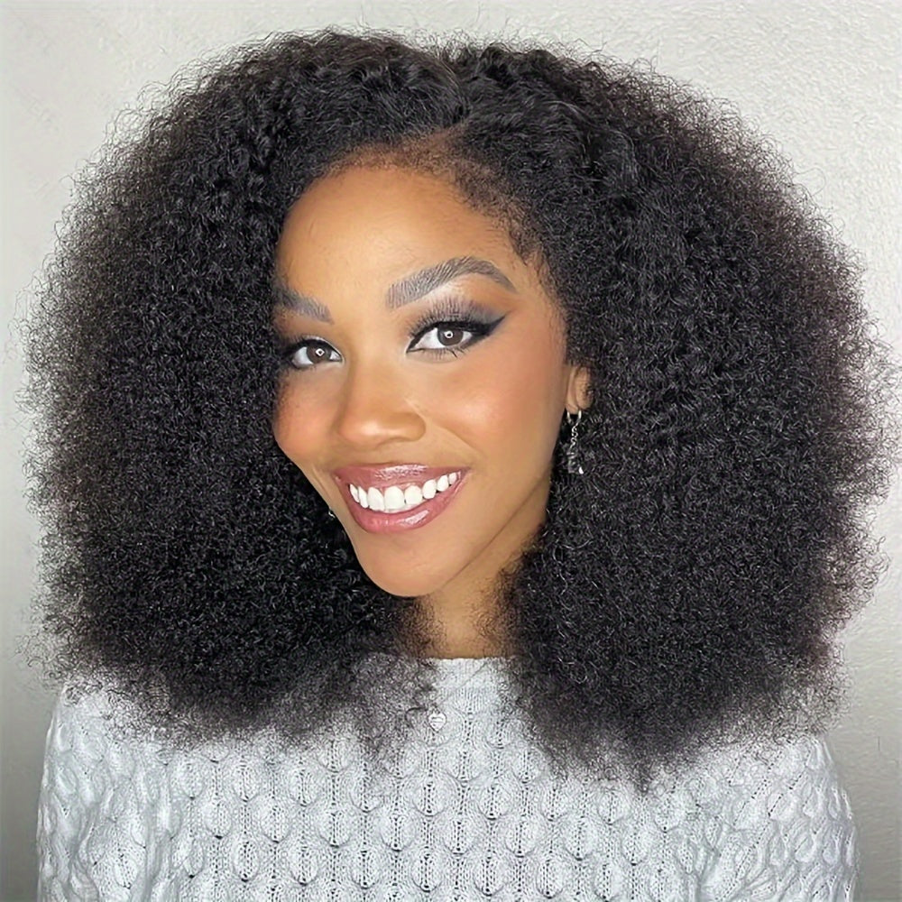 V Part Afro Kinky Curly Human Hair Wig for Women - 100% Brazilian Virgin Hair, 250% Density Glueless Clip-In Half Wig with Rose Net Cap, No Leave Out & Natural Color, Beginner Friendly, Versatile Hairpiece | Elegant Hairstyle
